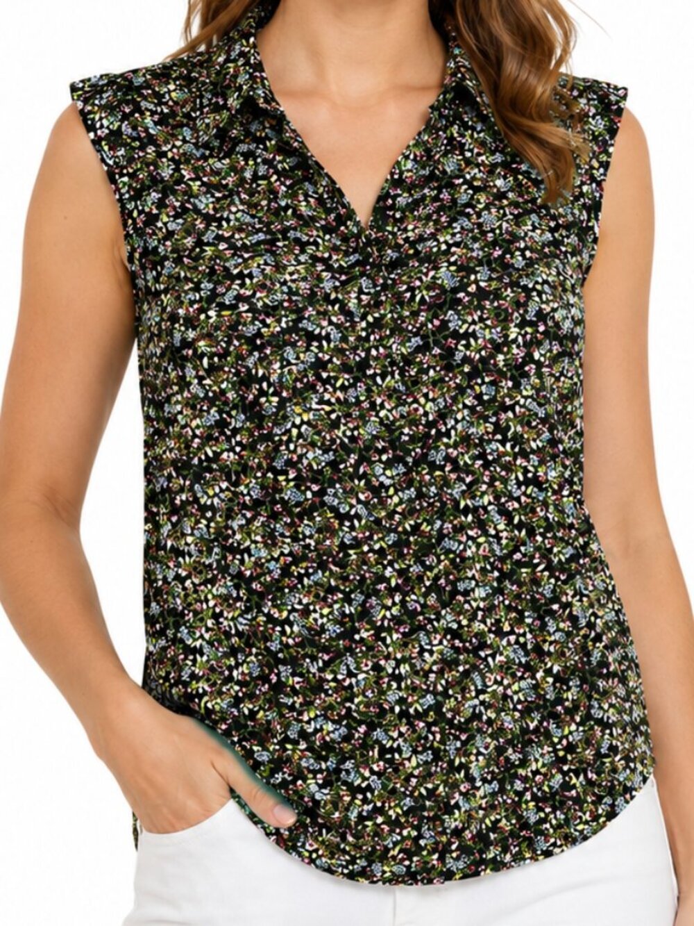 Banana Republic Black Green Pink Floral Sheer Sleeveless Button Top